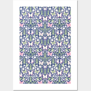 BUTTERFLY DAMASK GEOMETRIC BOTANICAL FLORAL PATTERN BLUE PINK GREEN Posters and Art